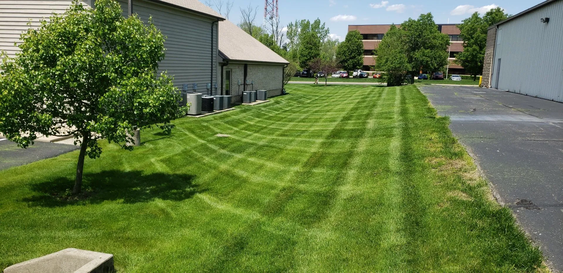 Healthy green lawn and mulched beds maintained by 5 Points in Centerville, OH